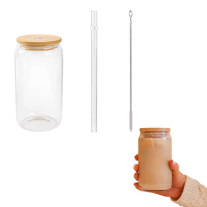16oz Glass Water Cup With Bamboo Lid & Straw