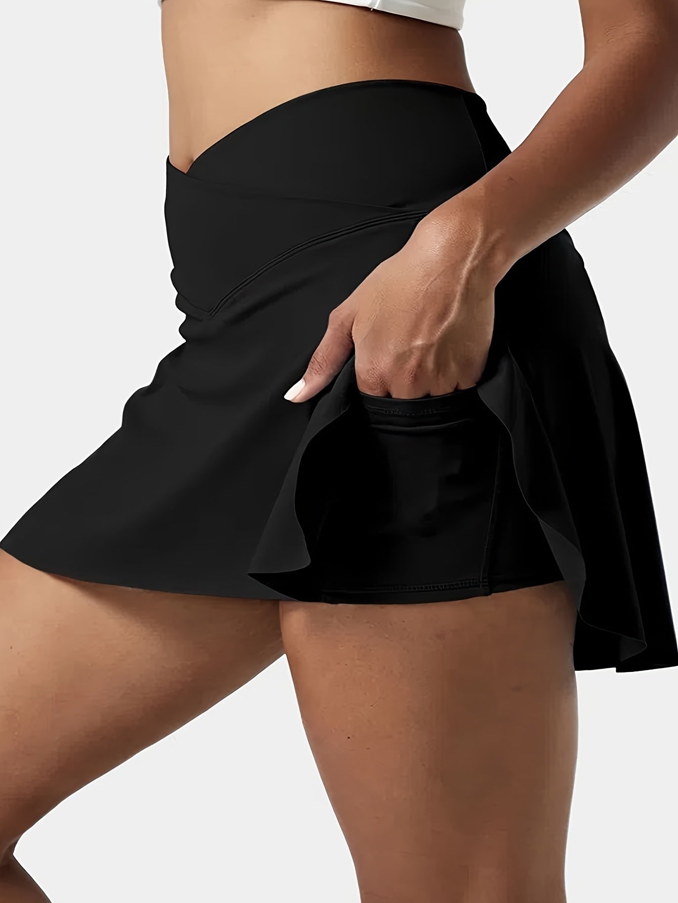 Women's Criss Cross Waist Pocket Yoga Tennis Skirt Solid High Stretch Sports Sko
