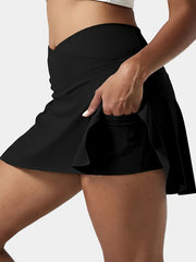 Women's Criss Cross Waist Pocket Yoga Tennis Skirt Solid High Stretch Sports Sko
