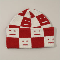Checkerboard Smiling Beanie Jacquard Wool Knit Hat Unisex Couple Skull Cap