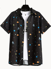 Astronaut Full Body Print Men's Button Up Short Sleeve Shirt For Summer
