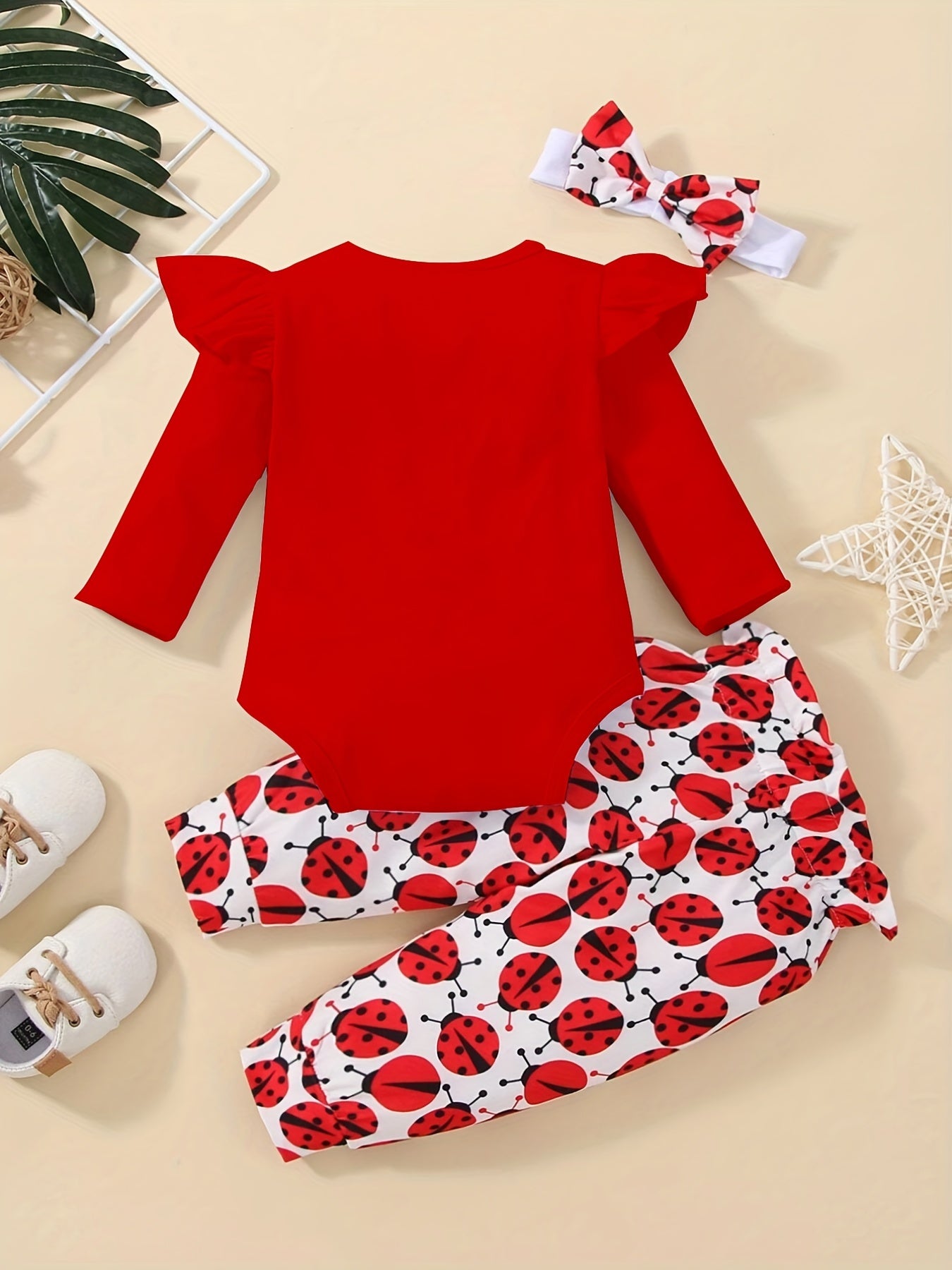 Ladybug Print Baby Romper & Pants Set For Autumn & Spring