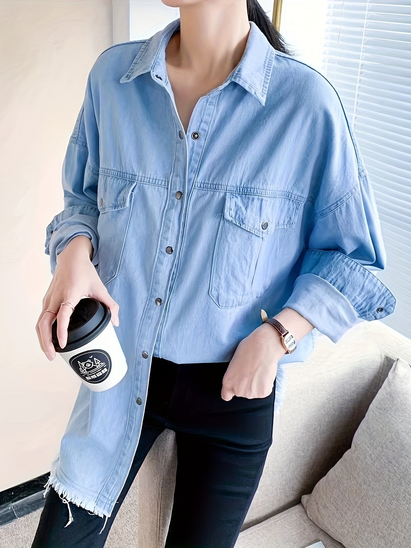 Women's Plus Casual Denim Blouse Solid Button Long Sleeve