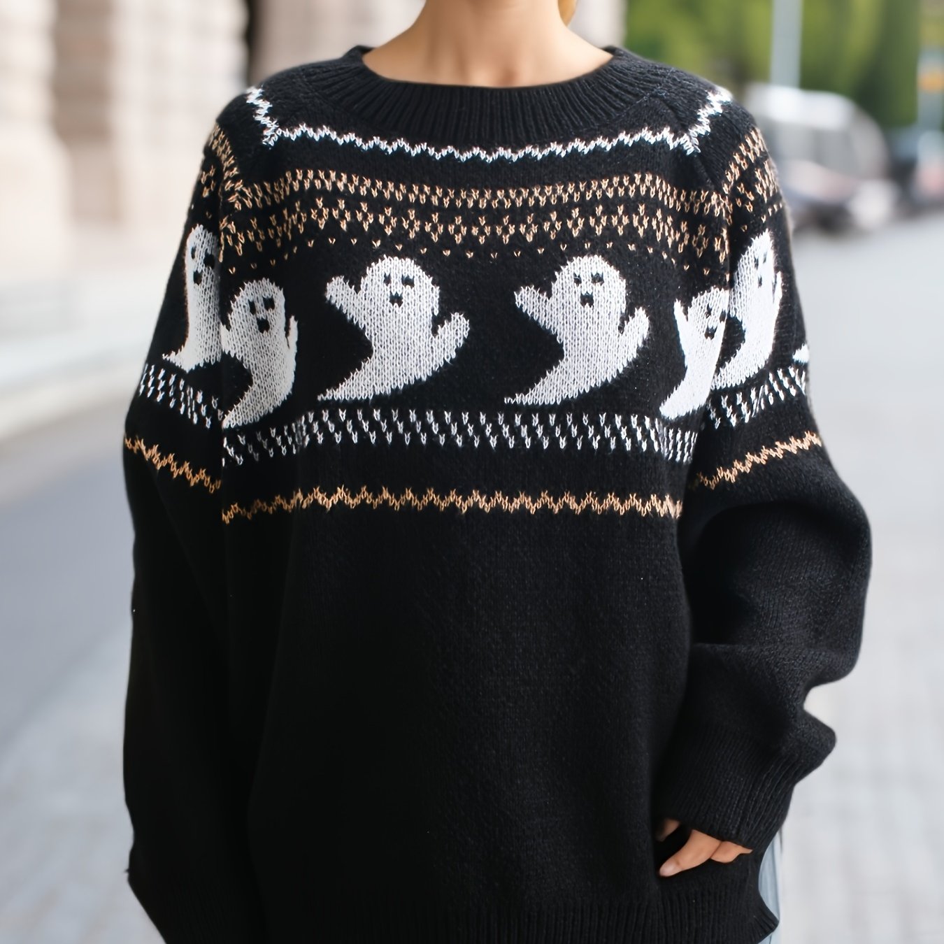 Women's Plus Ghost Print Sweater Round Neck Jumper