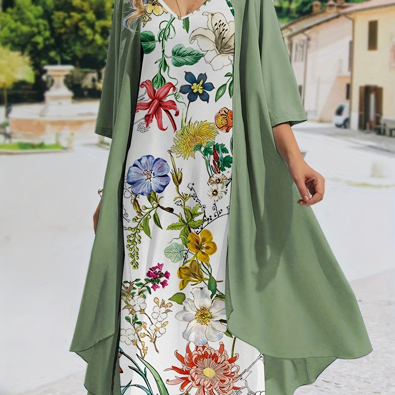 Spring & Summer Two-piece Set: Solid Open Front Coat & Floral Print Cami Dress