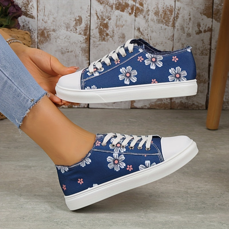 Floral Print Canvas Lace Up Low Top Sneakers Women's Casual Flat Shoes
