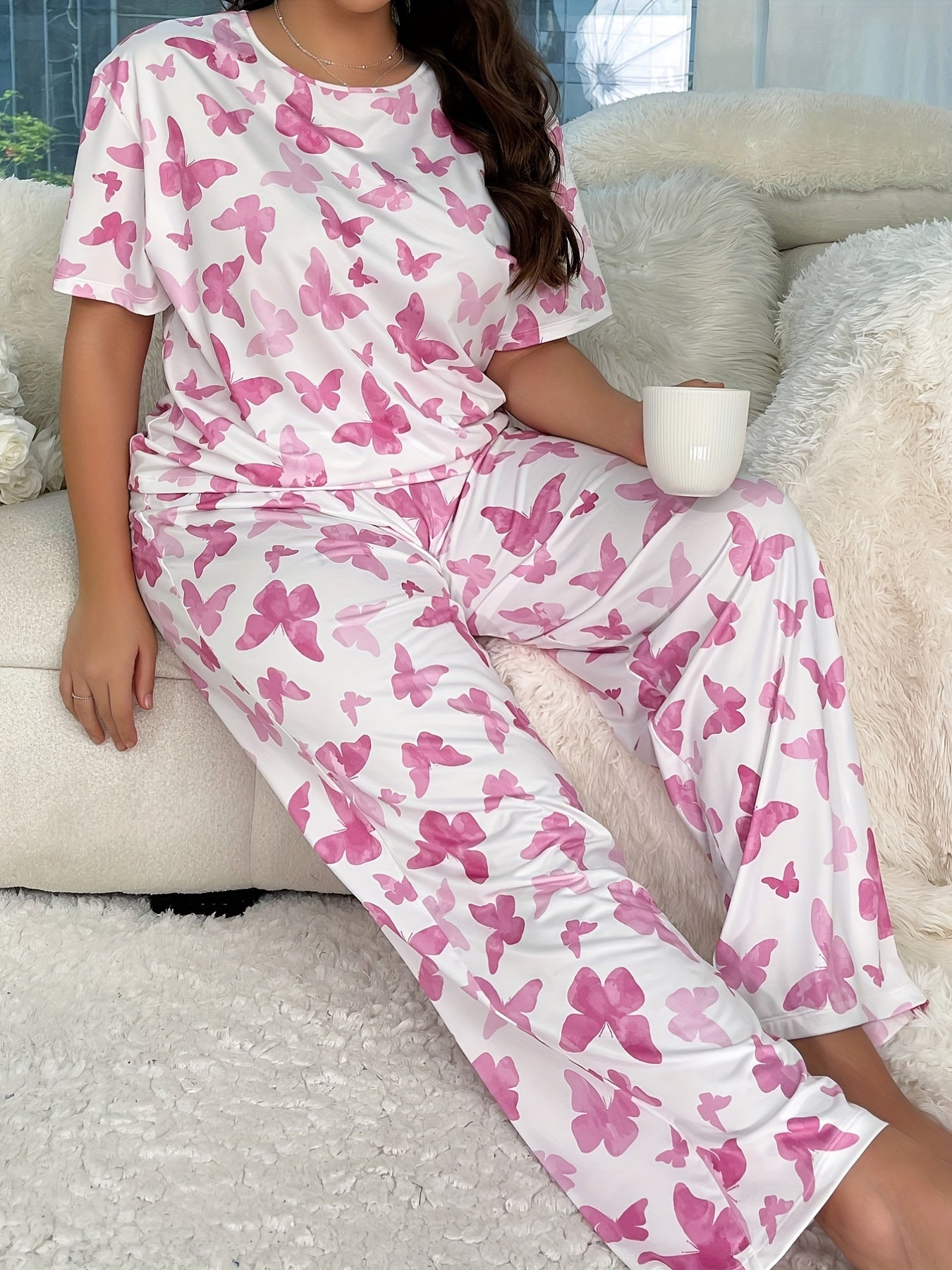 Butterfly Print Pajama Set Women's Short Sleeve Tee & Pants