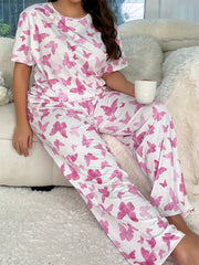 Butterfly Print Pajama Set Women's Short Sleeve Tee & Pants