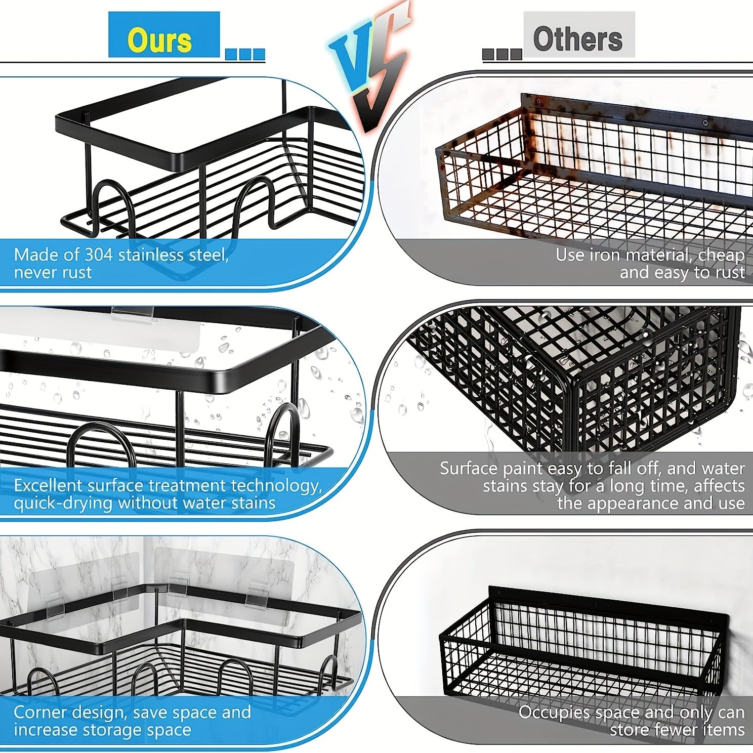 Stainless Steel Corner Shower Caddy with Soap Holder & Canister & Hooks