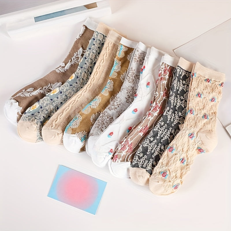 9 Pairs Floral Print Socks Breathable Mid Tube Women's Stockings