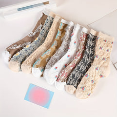 9 Pairs Floral Print Socks Breathable Mid Tube Women's Stockings
