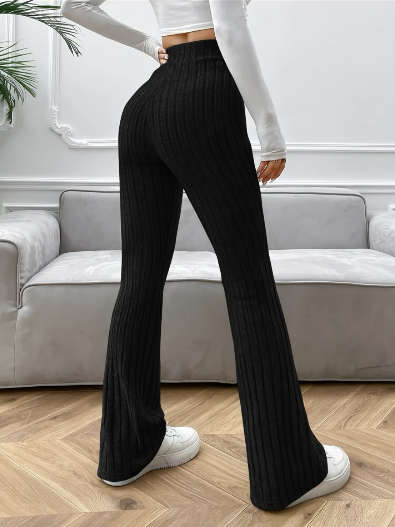Ribbed Flared Leg Pants High Waist Solid Long Length