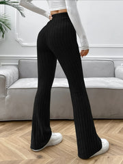 Ribbed Flared Leg Pants High Waist Solid Long Length