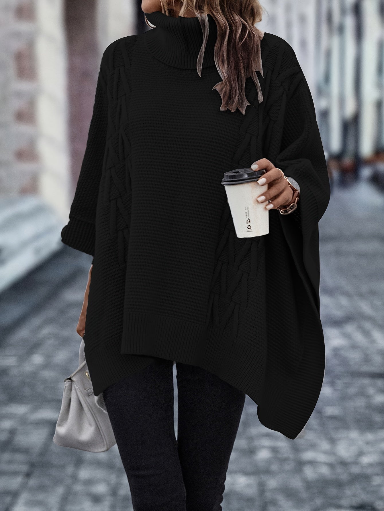 Casual Sweater Women's Plus Solid Cable Bat Sleeve Turtle Neck Jumper