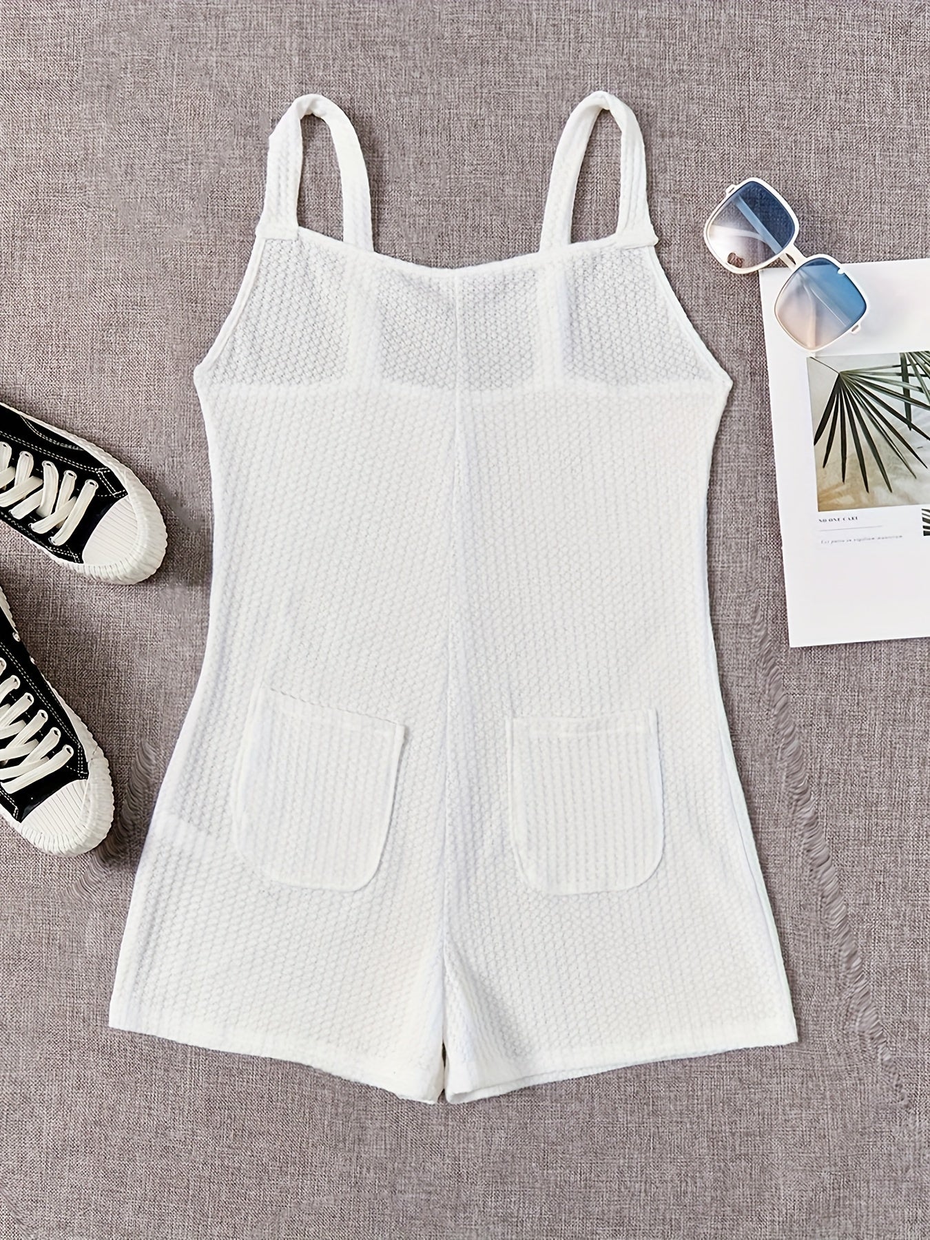 Sleeveless Waffle Pajama Romper with Pockets