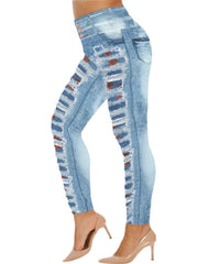 Ripped Denim Print High Rise Stretch Leggings