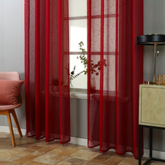 Red Pattern Yarn Curtain Solid Cotton Linen Window Sheer Curtain