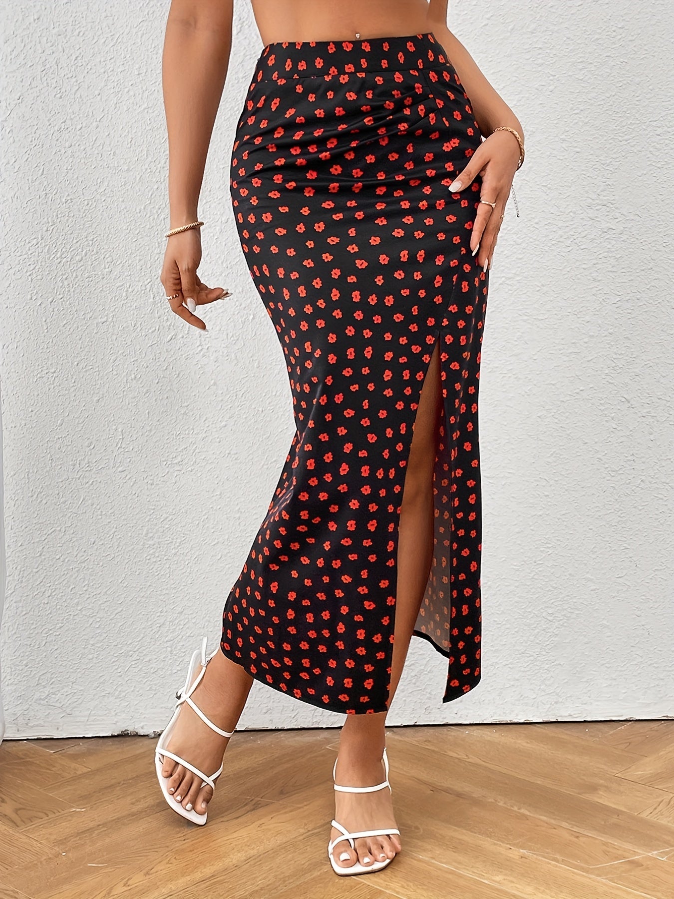 Floral Print Slit Skirt High Waist for Women
