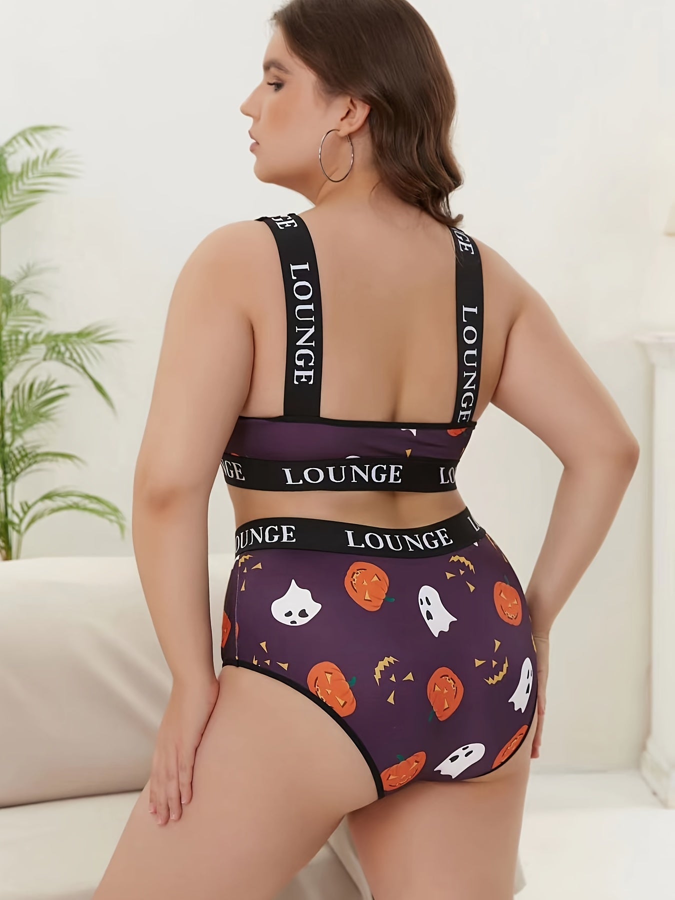 Halloween Underwear Set Women's Plus Ghost & Pumpkin Print