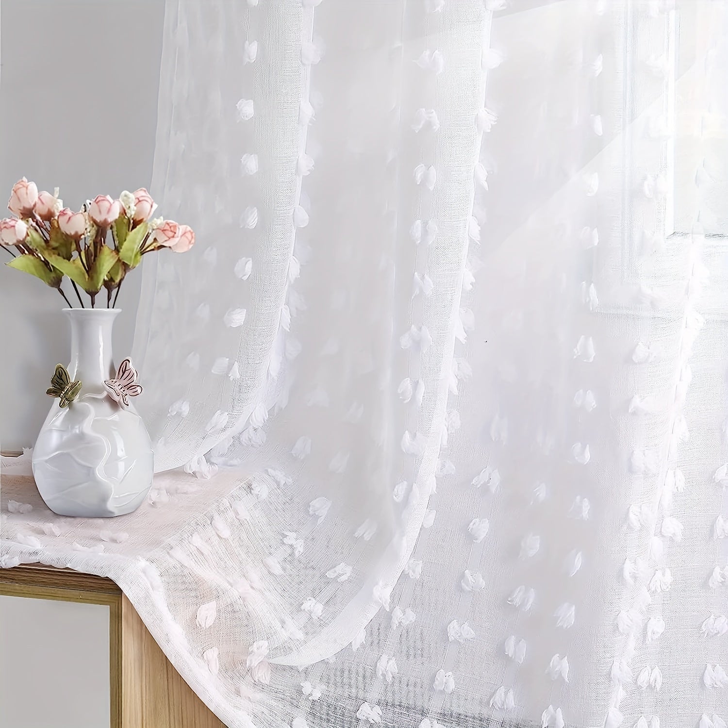 1pc Textured Curtain Semi Sheer Farmhouse Style Home Decor