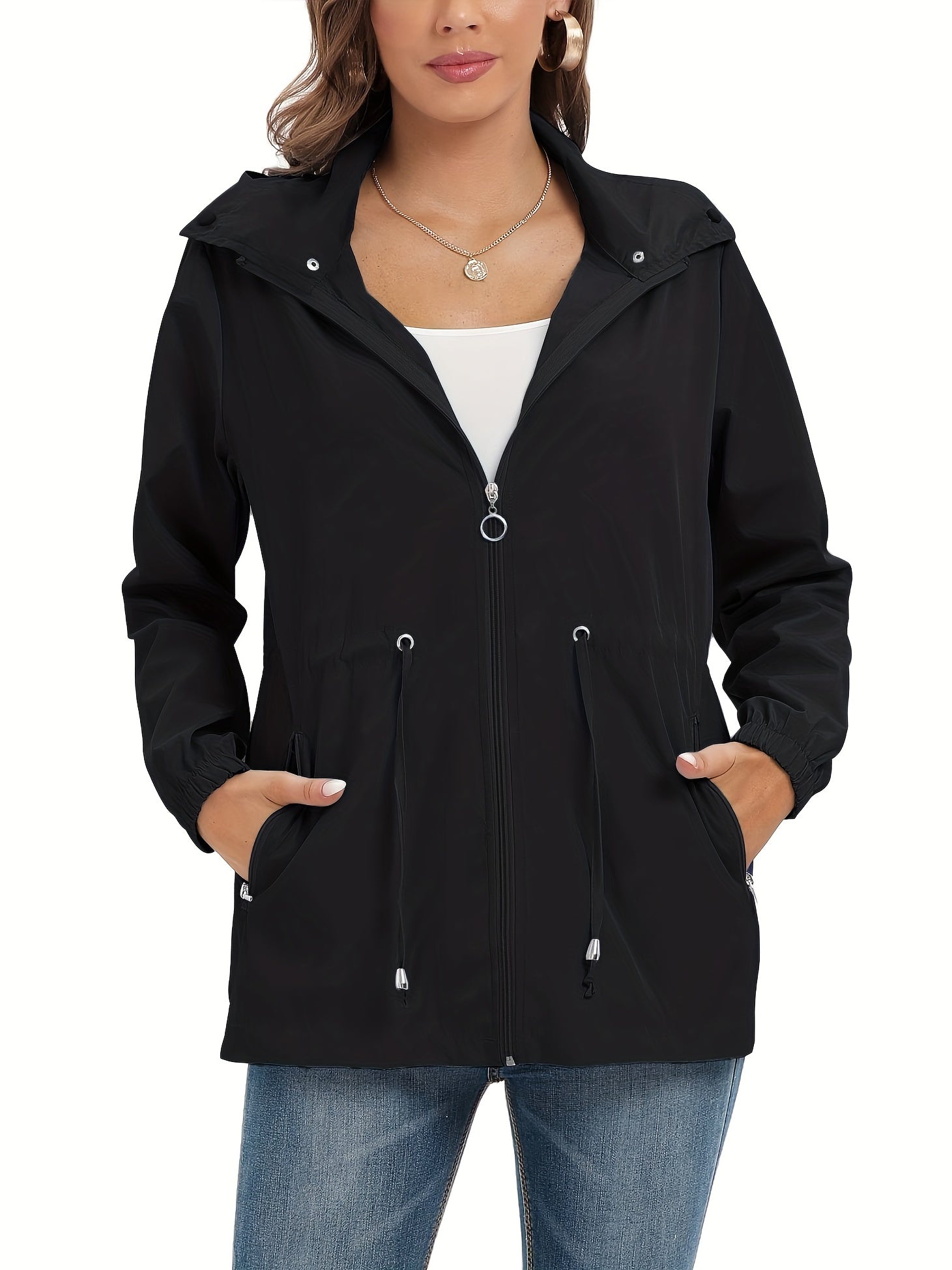 Solid Hooded Rain Jacket Zip Up Long Sleeve Outerwear