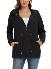 Solid Hooded Rain Jacket Zip Up Long Sleeve Outerwear