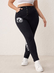 High Rise Skinny Jeans with Skull Rabbit Print