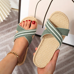 Women's Cross Straps Knit Sandals Slip On Open Toe Linen Soft Sole Flat