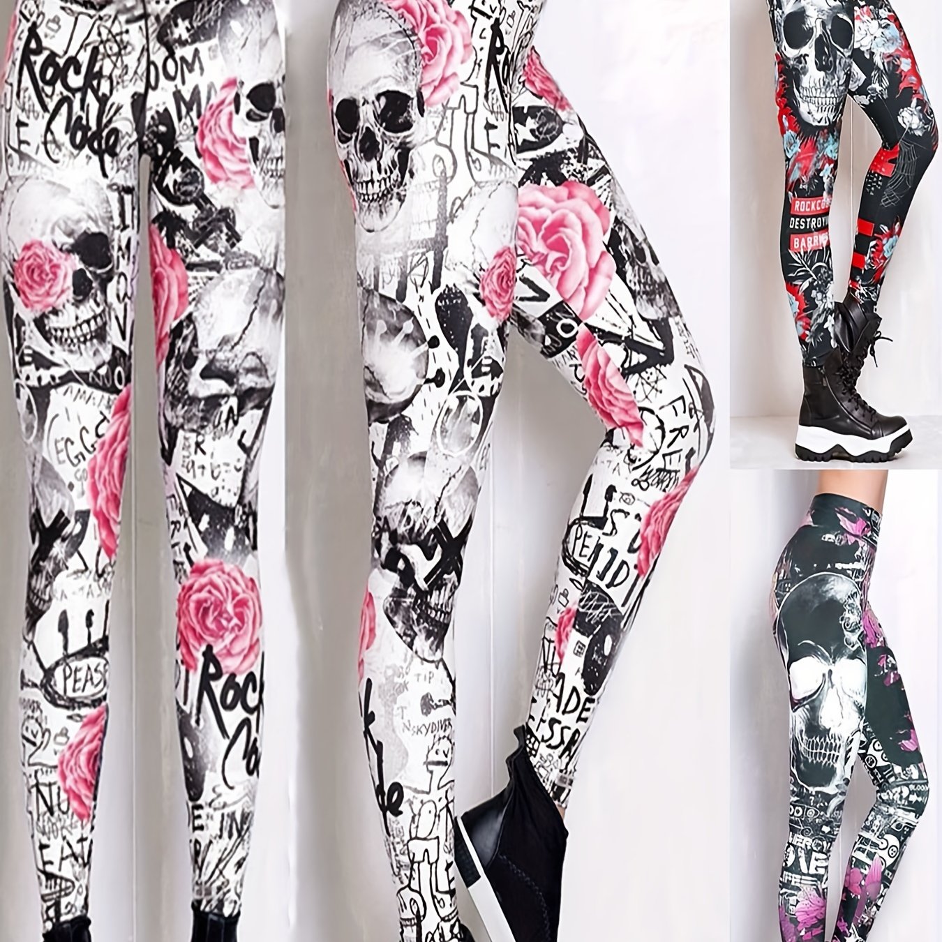 Skull and Flower Printed Leggings for Women