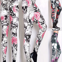 Skull and Flower Printed Leggings for Women