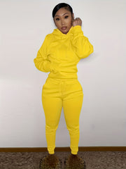 Women's Solid Hooded Sports Set Long Sleeved Tops and Pants