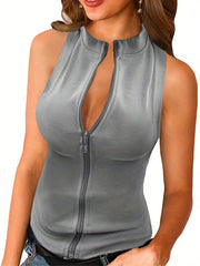 Solid Tank Top Zipper Crew Neck Sleeveless Top Women's Clothing