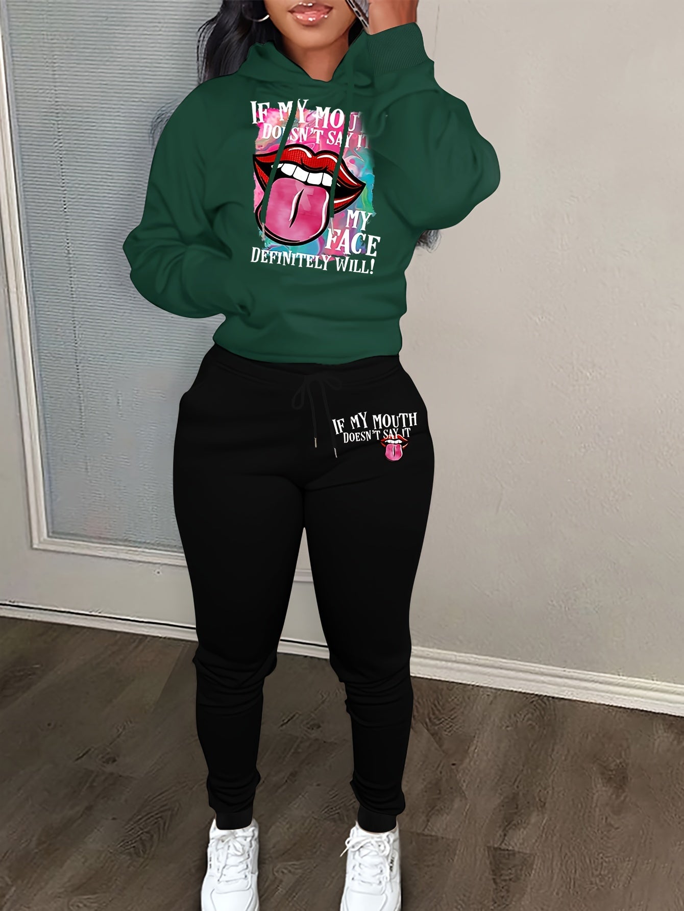 Lip & Slogan Print Hoodie & Joggers 2 Piece Set