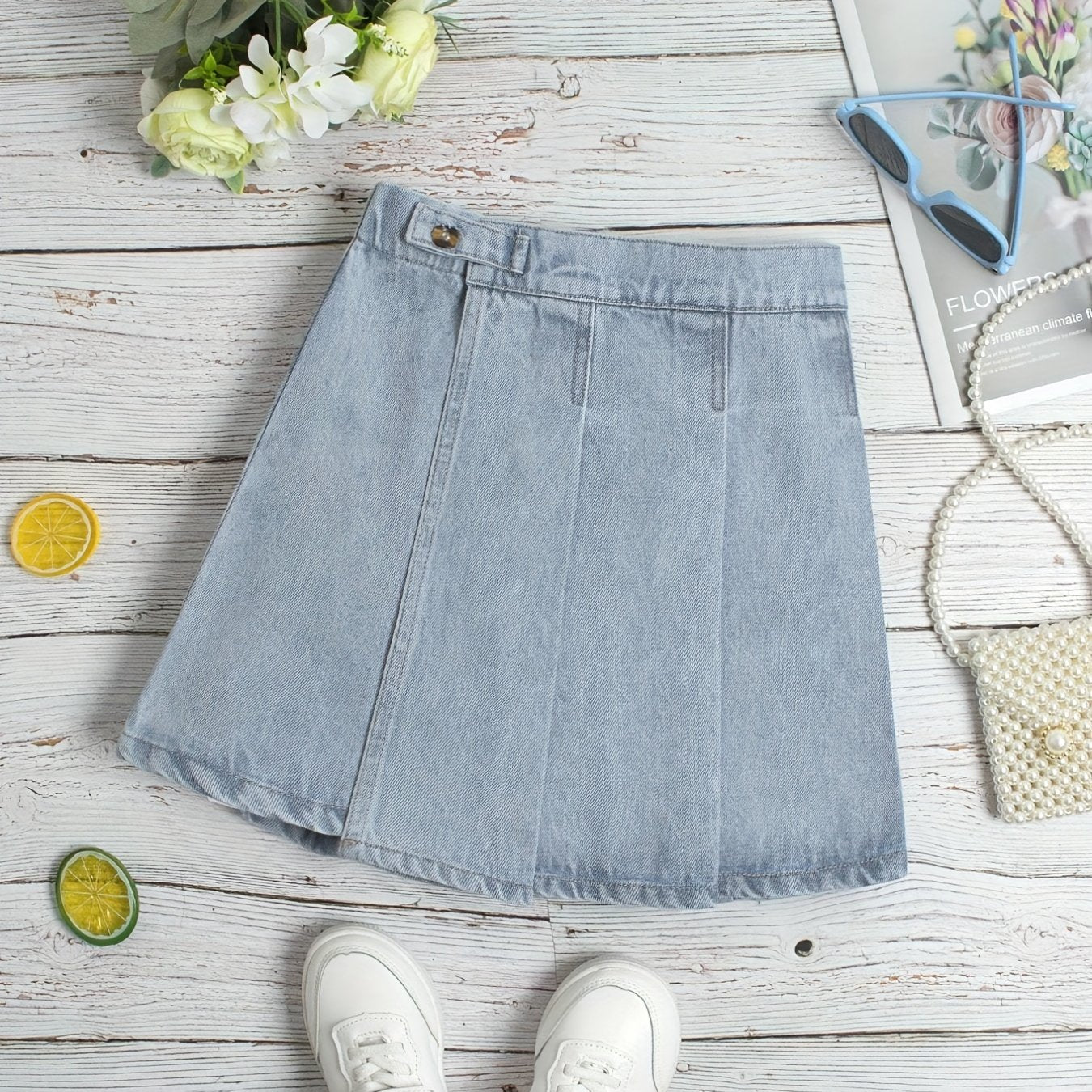Girls Summer Denim Skirt with Button Decor