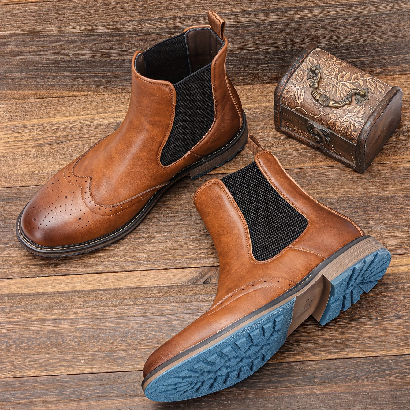 Men's Brogue Slip On Chelsea Boots Round Toe Ankle Boots