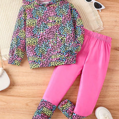 Colorful Leopard Pattern Girl's 2pcs Hoodie & Leggings Set Outfits