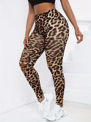 Leopard Print Ripped Leggings Sexy High Waist Slim Workout Leggings