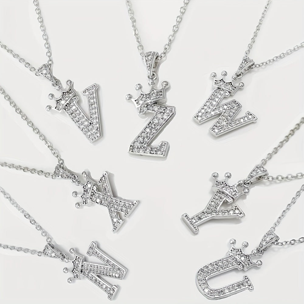 Zircon Crown Letter Necklace Pendant in Golden Plated Copper Chain