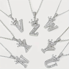 Zircon Crown Letter Necklace Pendant in Golden Plated Copper Chain