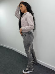 Grey Ripped Holes High Stretch Denim Pants Women's Jeans