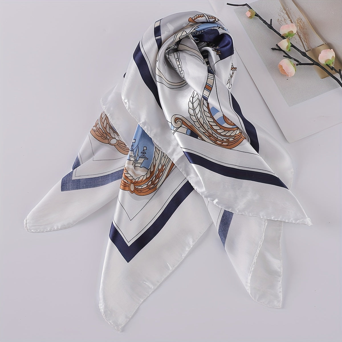 Sailboat Print Bandana Shawl Silk Satin Square Scarf Head Wrap