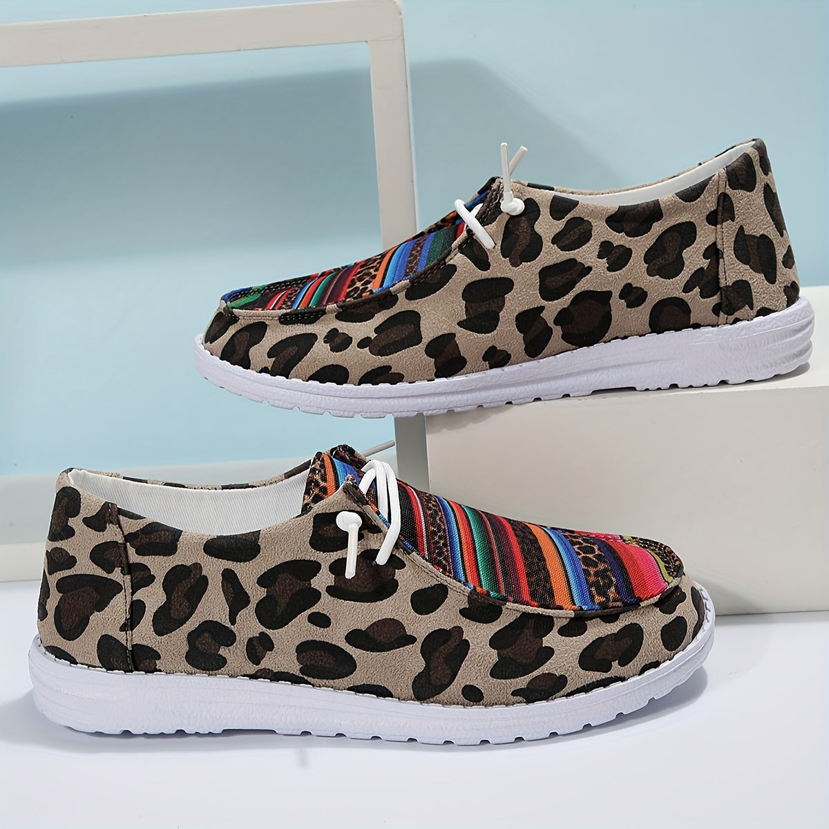 Women's Stripe & Leopard Print Boat Shoes Lace Up Walking Shoes