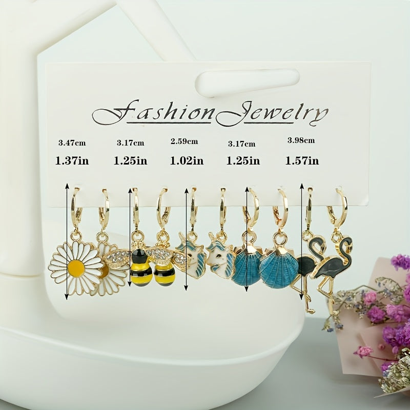 5pairs Girls Cartoon Earrings Bee Flower Unicorn Flamingo Shell Pendant Earrings