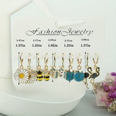 5pairs Girls Cartoon Earrings Bee Flower Unicorn Flamingo Shell Pendant Earrings