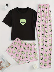 Alien Print Pajamas Set Short Sleeve Crew Neck Top & Shorts & Pants