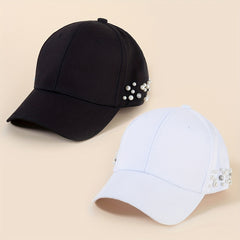 Faux Pearl Rhinestone Baseball Cap Solid Dad Hat