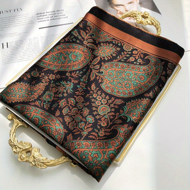 Paisley Print Silk Square Scarf Vintage Satin Shawl