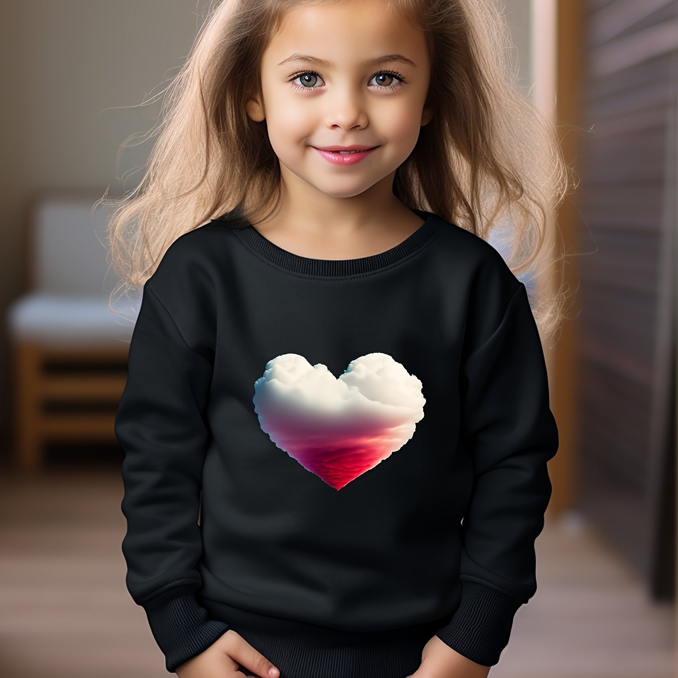 Heart Cloud Print Girls Pullover Sweatshirt Long Sleeve Crew Neck Tops