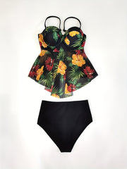 Tropical Print Bikini Sets Spaghetti Straps High Cut Two Pieces Swimsuit
