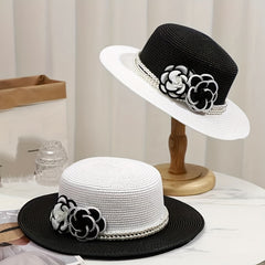 French Style Straw Hat Camellia Faux Pearl Chain Decor & Sun Hat